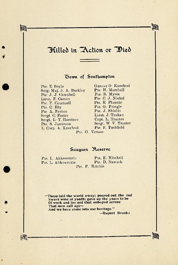 In honoured memory of the men of Southampton and Saugeen Reserve order of service, p. 7, 1922
